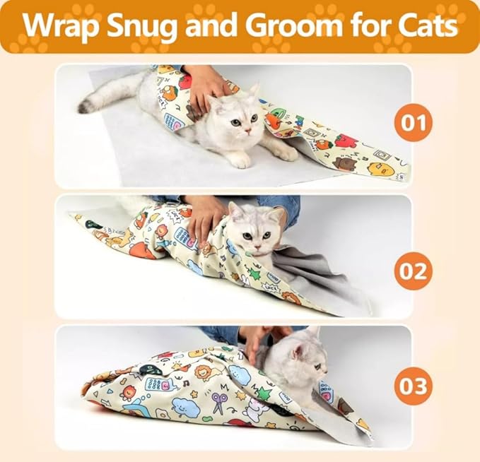 Magic Cat Wrap for Cutting Nails & Grooming, Self Adherent Fabric Wrap for Cats, Multi Functional Pet Grooming Towel Blanket, Wrap Snug and Groom for Cats, 21.7in, Under 11 Ibs