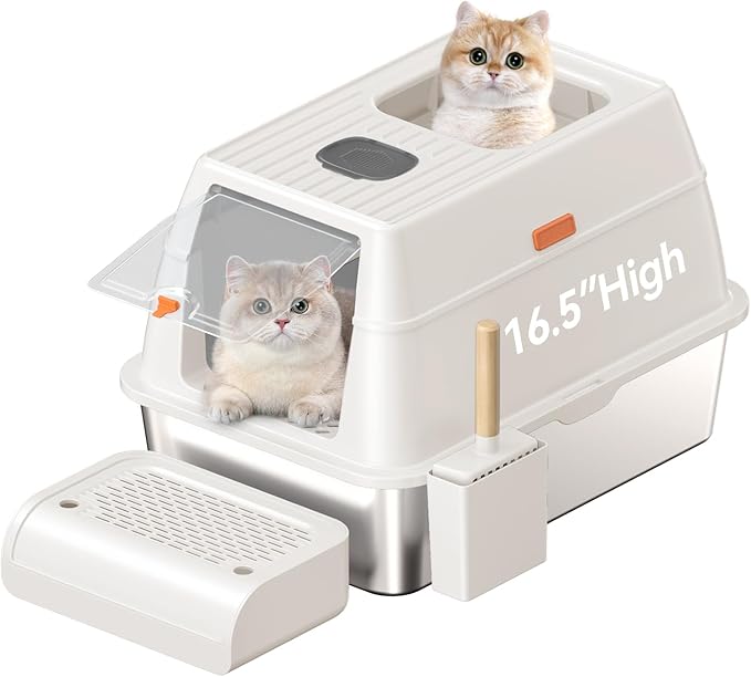 Enclosed Stainless Steel Cat Litter Box with Lid Extra Large Litter Box for Big Cats XL Metal Litter Pan Tray with High Wall Sides Enclosure, Non-Sticky, Anti-Leakage, Easy Cleaning (Light Grey-2)