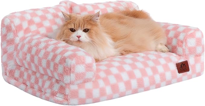 Hollypet Fluffy Plush Dog Cat Pet Couch Soft Calming Sofa Bed for Medium Small Cats and Dogs, Pink and White