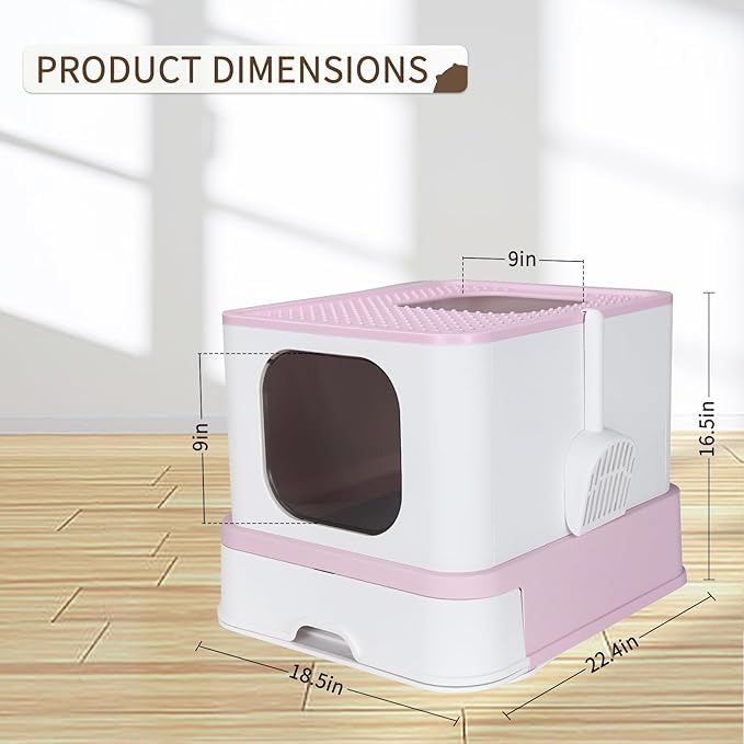 RIZZARI Stainless Steel Cat Box: Enclosed Design with High Walls - Pink - Large Litter Pan for Odor Control Indoors