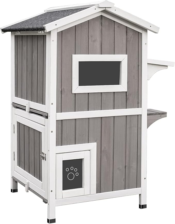 Outdoor Cat Shelter Weatherproof, Two Story Wooden Outside Feral Cat House with Openable Roof, Escape Door