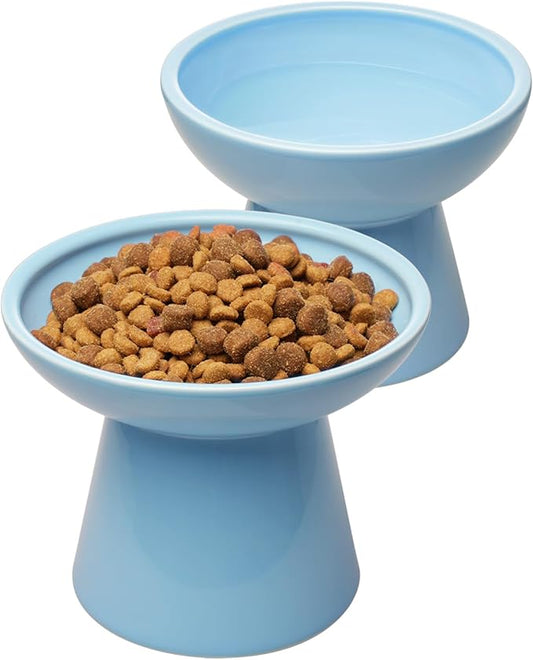 2 Elevated Ceramic Cat Bowls Extra Wide for Food & Water – Whisker Fatigue Shallow Food Dish, Lead & Cadmium-Free, Raised Height for Cats, Blue
