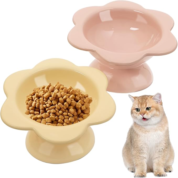 2 Pcs Ceramic Raised Cat Bowls - Flower Design, 7 oz Tilted Elevated Cat Food & Water Bowl for Anti Vomiting & Spine Protection