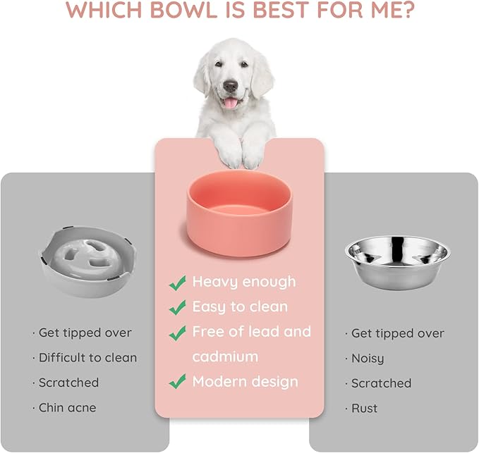 SPUNKYJUNKY 13.5OZ Ceramic Dog and Cat Bowl, Modern Cute Weighted Food Water Bowl for Replacement Pink (1 Pack)