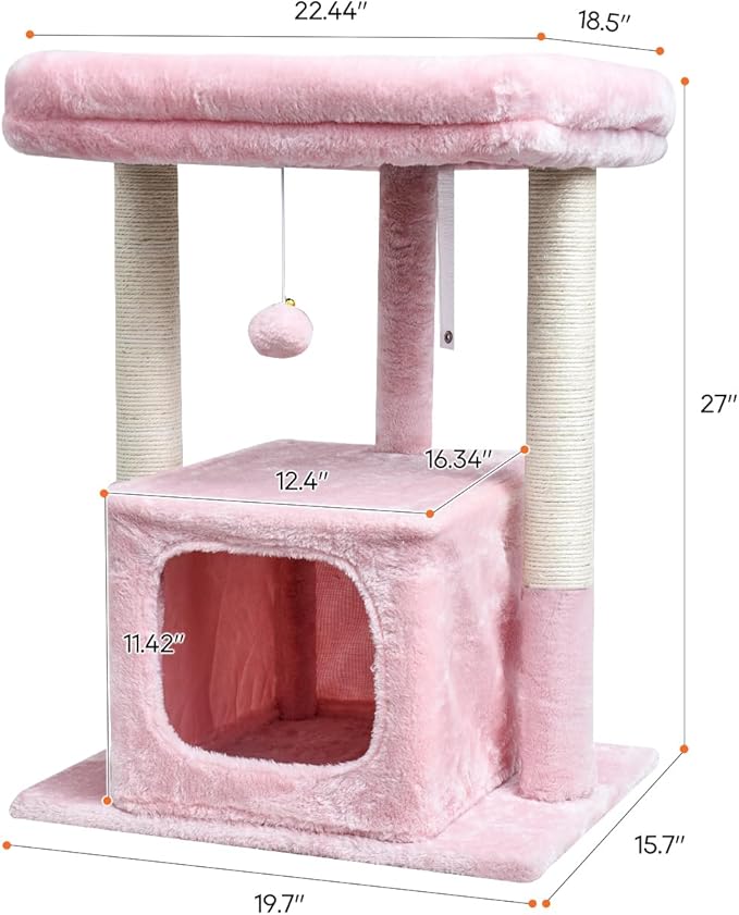 SYANDLVY Small Cat Tree for Indoor Cats Large Adult, 27" Activity Tower with Scratching Posts, Modern House with Padded Perch, Kittens Condo, Cat Cave, Pink