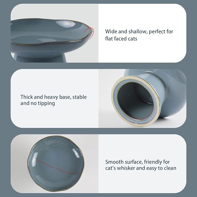 Extra Wide 6.1" Ceramic Raised Cat Food Bowl, Shallow Elevated Pet Feeder for Food Feeding, Anti Vomiting Whisker Fatigue Bowls for Cat Puppy, Blue