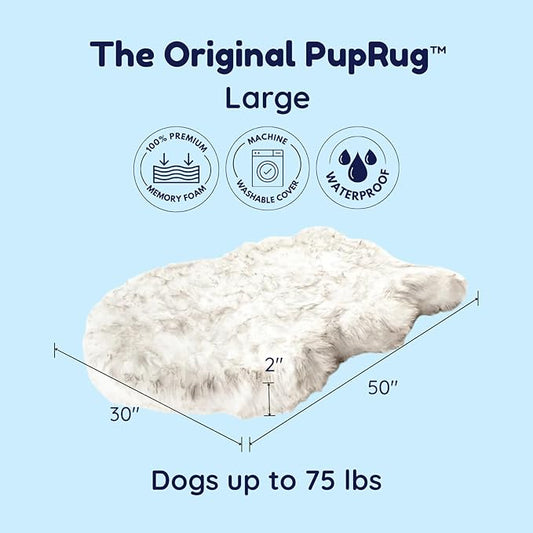 PupRug Orthopedic Dog Bed for Large Dogs with Fluffy Soft Faux Fur and Memory Foam for Joint Pain Relief, Machine Washable and Waterproof Couch Bed, White with Brown Accents, Large/Extra Large