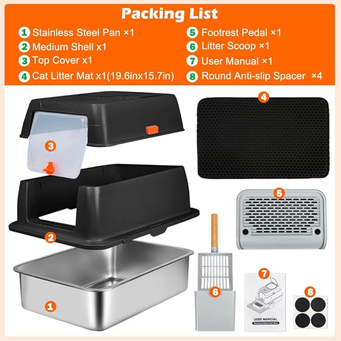 SZEE Stainless Steel Litter Box, XL Top Exit Enclosed Metal Cat Litter Box with Lid & Enclosure, Activated Charcoal Odor Control, Footboard, Trapping Mat & Scoop Included (Black)