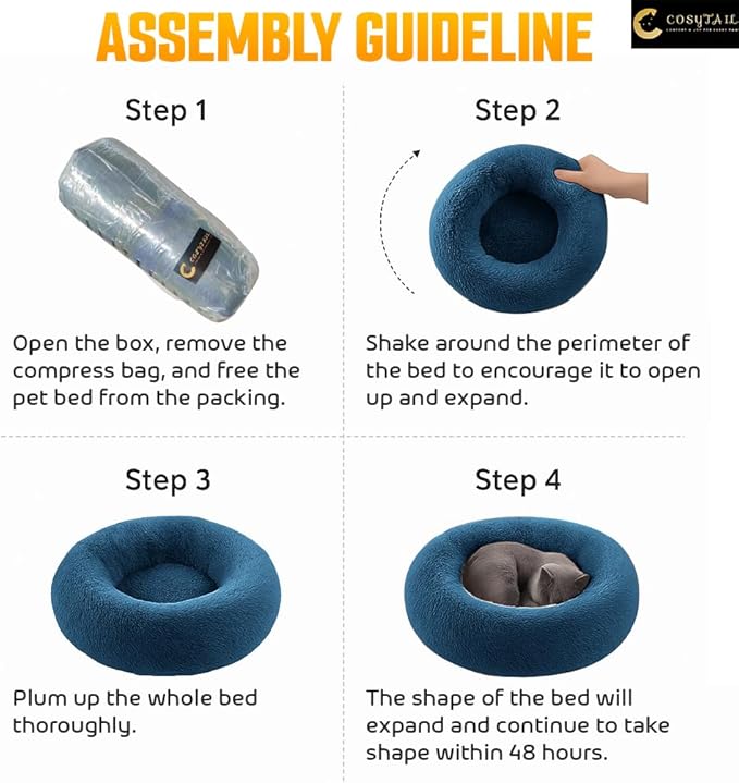 Anti-Anxiety Donut Pet Bed, Round Plush Faux Fur, Washable, Deep Blue, Small to Medium Dogs and Cats (Deep Blue, Large)