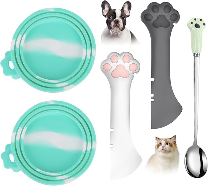Comtim 5 PCS Pet Food Can Lids & Spoons Set - Silicone Dog Cat Food Can Covers Lids Top/Multi-Function Cat Food Spoon Spatula Can Opener for Wet Food/Long Handle Spoon Easy to Scoop Food