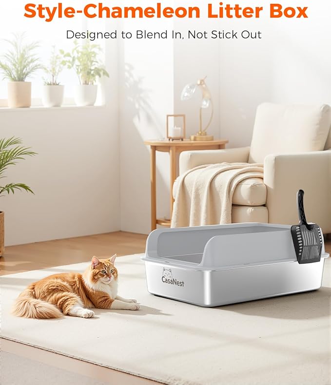 XXXL Stainless Steel Cat Litter Box with Lid 28.1''×20.5'' × 10.1” Extra Large Metal Cat Litter Box for Big, Multi Cats, Anti-Leakage & Non-Stick Metal Pan, Easy to Clean, Durable (Light Grey