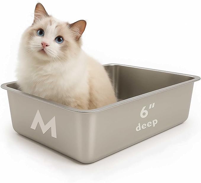 FELIO Stainless Steel Cat Litter Box - Medium Metal High Side Cats Pan, 19.4" L×13.5" W×5.9" H, Splash-Proof and Non-Stick Cat Poop Box odorless, Easy to Clean for Big Cats, Rabbit, Dog, Ferret