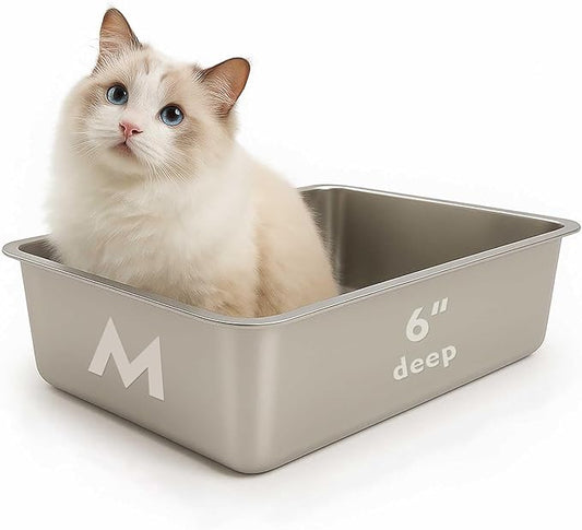FELIO Stainless Steel Cat Litter Box - Medium Metal High Side Cats Pan, 19.4" L×13.5" W×5.9" H, Splash-Proof and Non-Stick Cat Poop Box odorless, Easy to Clean for Big Cats, Rabbit, Dog, Ferret