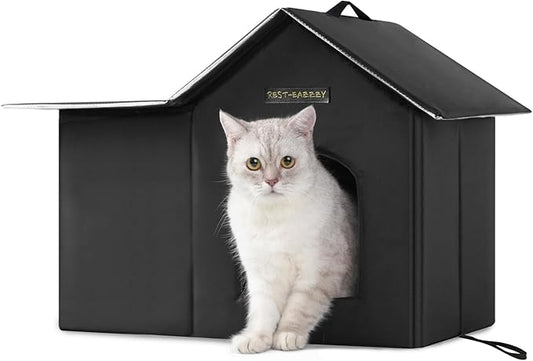 Rest-Eazzzy Cat House for Indoor and Outdoor in Summer,Feral Cat House Insulated with Mat,Clip and portable handle,Weatherproof and easy Installation,Bed for Kitten and Puppie,Never Blow Away(Black,M)