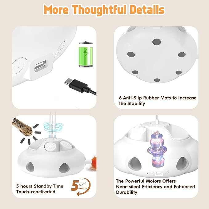 Interactive Cat Toys for Indoor Cats, 4in1 Pet Teaser Toy with Ambush Feather Wand, Motorized Fluttering Butterfly and Slow Feeder, Rechargeable Power Treat Puzzle Toys(White)