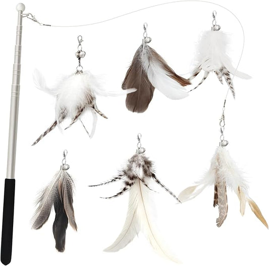 SONGWAY Cat Feather Wand - 7 Pcs Interactive Toys for Indoor Kitten, Retractable Wand With 6 Natural Feather Refills and Bell, Fishing Pole Toy