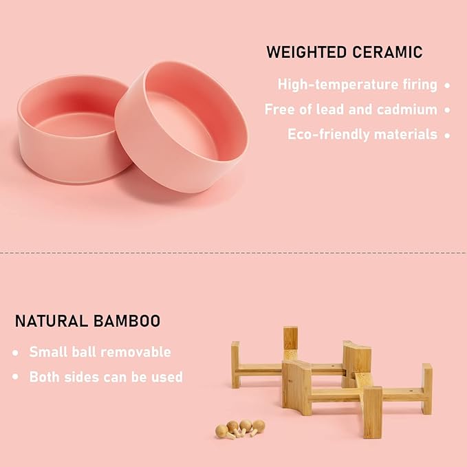 SPUNKYJUNKY 15° Slanted Ceramic Dog and Cat Bowl with Wooden Stand, Tilted Bulldog Food and Water Bowl No Slip Non-Spill for Cats Medium Dogs Big Face Pets 28.7 OZ (3.6 Cups, Pink × 2)