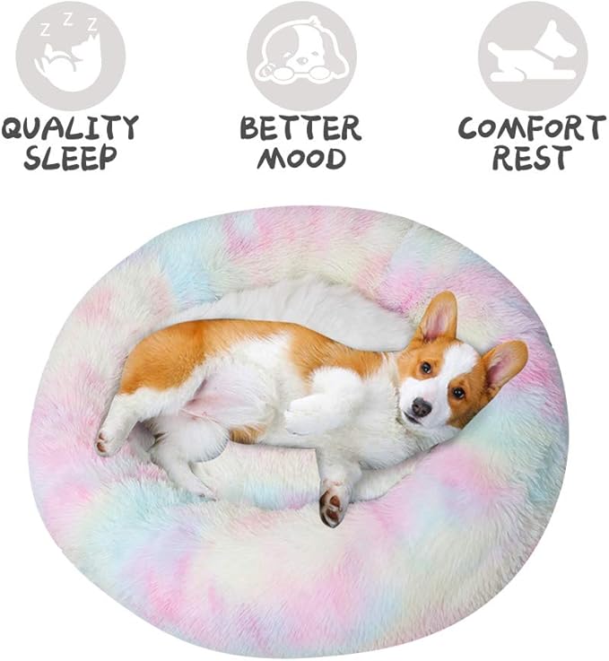 Cat Beds for Indoor Cats - Anti Anxiety Round Dog Beds for Small Medium Dogs, Fluffy Plush Faux Fur Pet Bed (Rainbow, Large 24" L x 24" W)