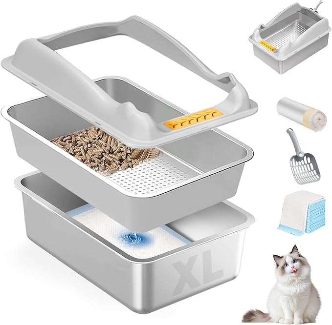 Stainless Steel Sifting Cat Litter Box with Lid,XL Metal Sifting Litter Box for Pine Pellets,High Sides Metal Litter Box System for Big Cats,Anti-Leakage,Easy Clean