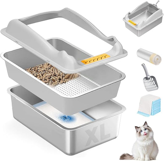 Stainless Steel Sifting Cat Litter Box with Lid,XL Metal Sifting Litter Box for Pine Pellets,High Sides Metal Litter Box System for Big Cats,Anti-Leakage,Easy Clean