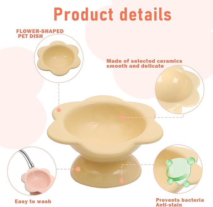 2 Pcs Ceramic Raised Cat Bowls - Flower Design, 7 oz Tilted Elevated Cat Food & Water Bowl for Anti Vomiting & Spine Protection
