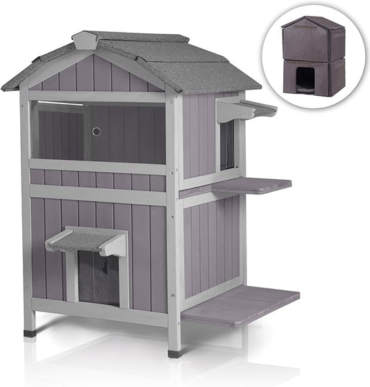 GUTINNEEN Insulated Outdoor Cat House for Winter Feral Cat Shelter Weatherproof 2-Story