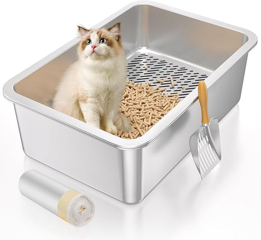 XL Stainless Steel Sifting Litter Box for Big Cats,Metal Sifting Cat Litter Box for Wood Pine Pellets,Extra Large Sifter Litter Pan System,Odor Control,Easy to Clean,with Liners and Metal Scoop
