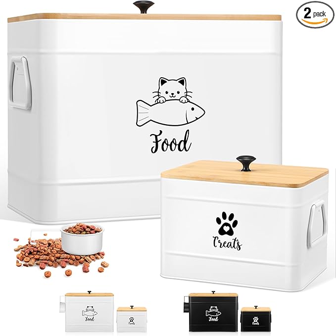 Extra Large Metal Cat Food Containers Airtight 12+3.5 lbs Cat Treat Snack Jars Set of 2 with Bamboo Lids and Spoons Farmhouse Big Pet Cookie Storage Jars for Kitchen Counter Gifts(White)