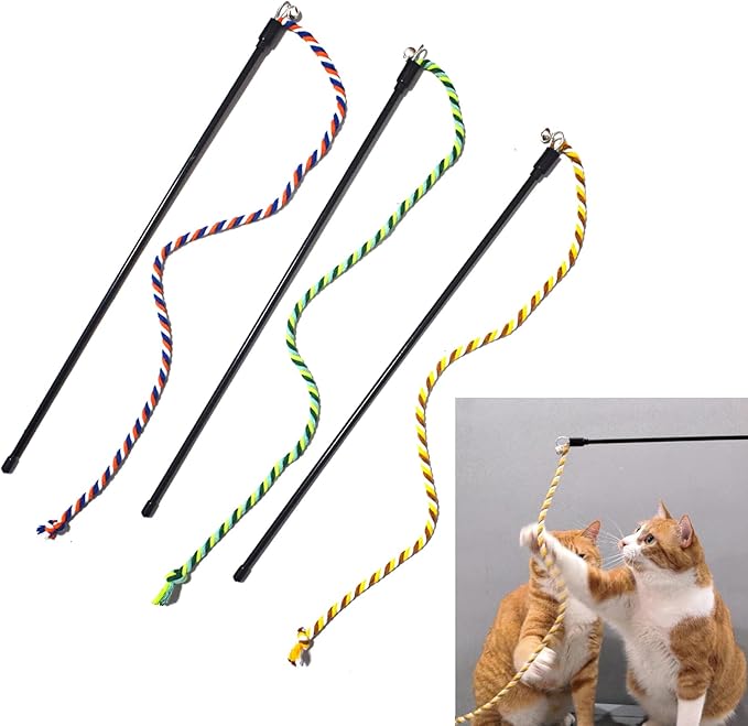 IUHKBH Cat Wands, 3 PCS Colorful Cat String Kitty Teaser Wands with Bell Interactive Kitten Toys for All Breed Sizes