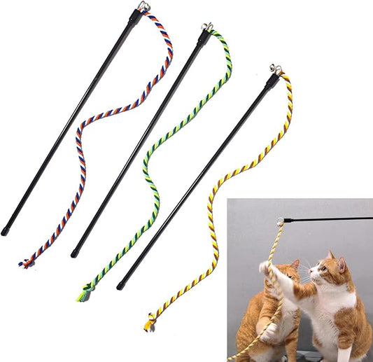IUHKBH Cat Wands, 3 PCS Colorful Cat String Kitty Teaser Wands with Bell Interactive Kitten Toys for All Breed Sizes