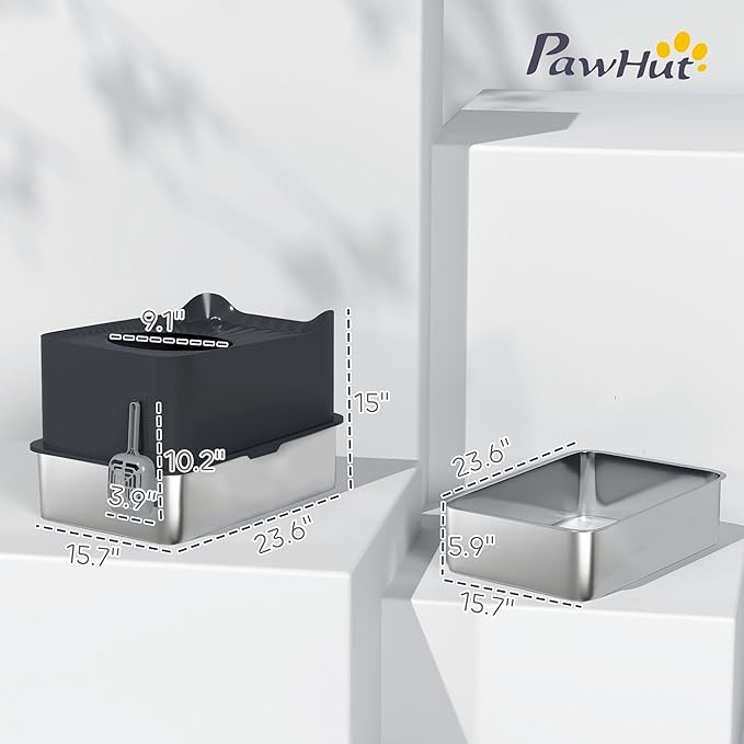 PawHut XL Stainless Steel Litter Box, Extra Large Enclosed Cat Litter Pan with High Wall Sides, Scoop, Top Entrance, Non-Slip Pads, Anti-Urine Leakage, Non-Sticky, Black