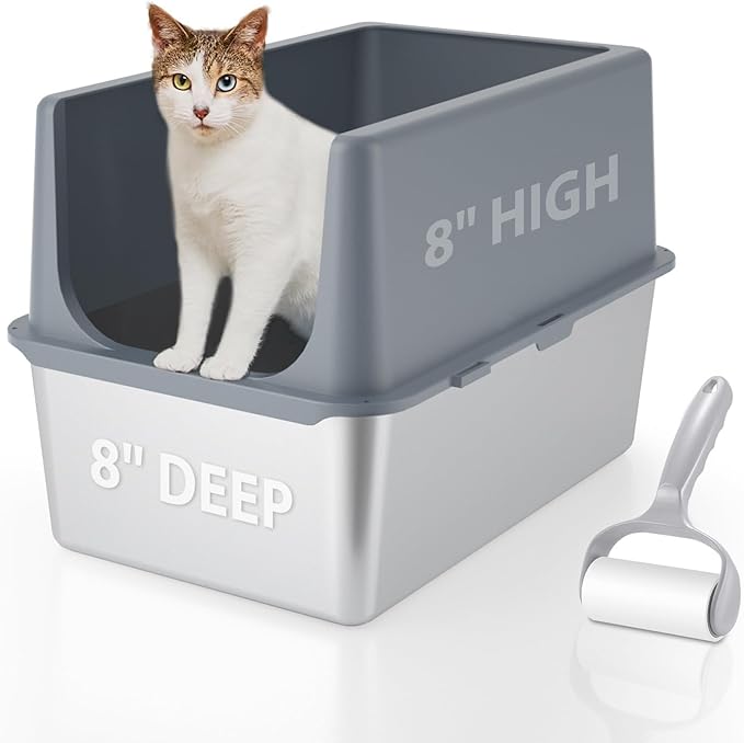Large Stainless Steel Litter Box with Lid, High Sides, 16" Metal Cat Litter Box, Extra Large Litter Boxes for Big Cats, Tall Cat Litter Pan, Grey, Easy Clean