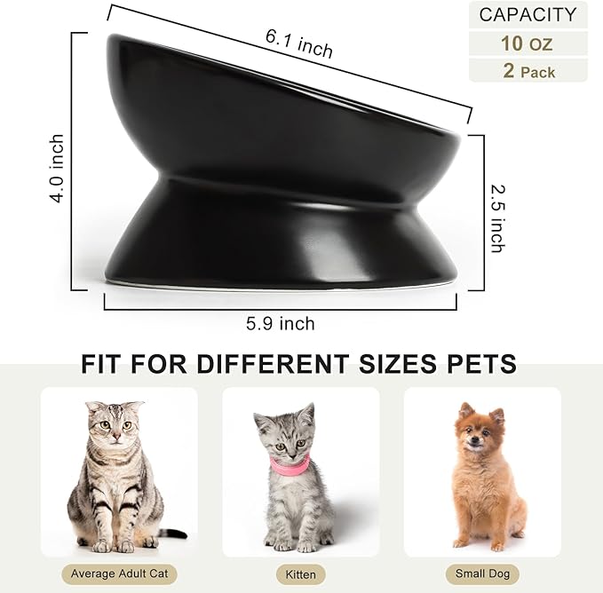 YauYik Cat Bowls Anti Vomiting, Raised Cat Food Bowls, Tilted Elevated Cat Bowl, 10 Oz Ceramic Pet Food Bowl for Flat Faced & Short Leg Cats, Small Dogs, Dishwasher Safe (Black, 2 Pack)