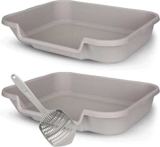 KittyGoHere Senior Cat Litter Box 2 Pack, Large Misty Gray Low Entrance Kitty Litter Box, Sized for Cats Comfort, Perfect for Senior and Arthritic Cats, Made in USA – Includes Long-Handle Jumbo Scoop