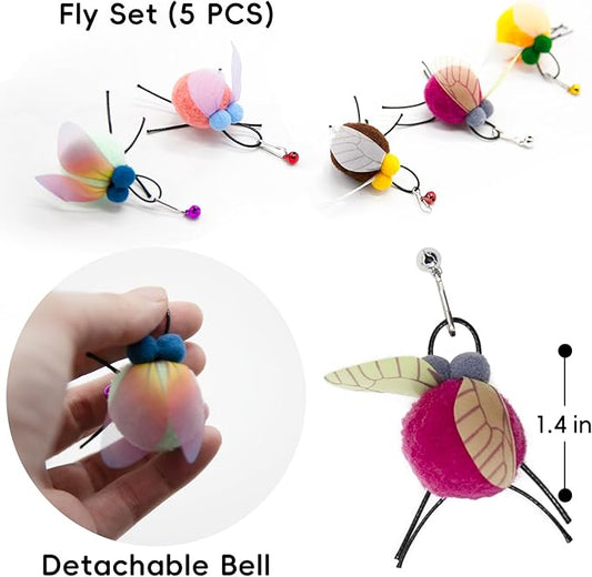 Cat Wand Attachment Toys, 5 PCS Fly Bugs Refills with Bells for Cat Teaser, Chase and Exercise Toys for Indoor Cats and Kittens Enrichment (No Wand Toy)