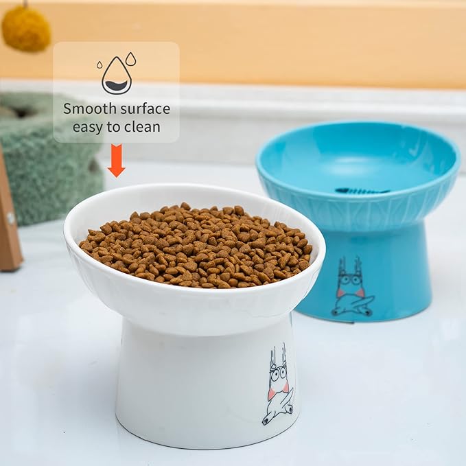 OMAYKEY 6.5 Inch Extra Wide Ceramic Raised Cat Bowls, Porcelain Tilted Elevated Cat Food Water Bowl Dish, Stress Free Pet Feeder Bowls Dishes for Elder Big Cats & Small Dogs, White & Blue