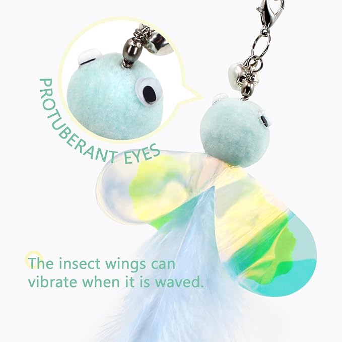 SONGWAY Cat Feather Wand - 7 Pcs Interactive Toys for Indoor Kitten, Retractable Wand With 6 Teaser Refills and Bell, Fishing Pole Toy, Green