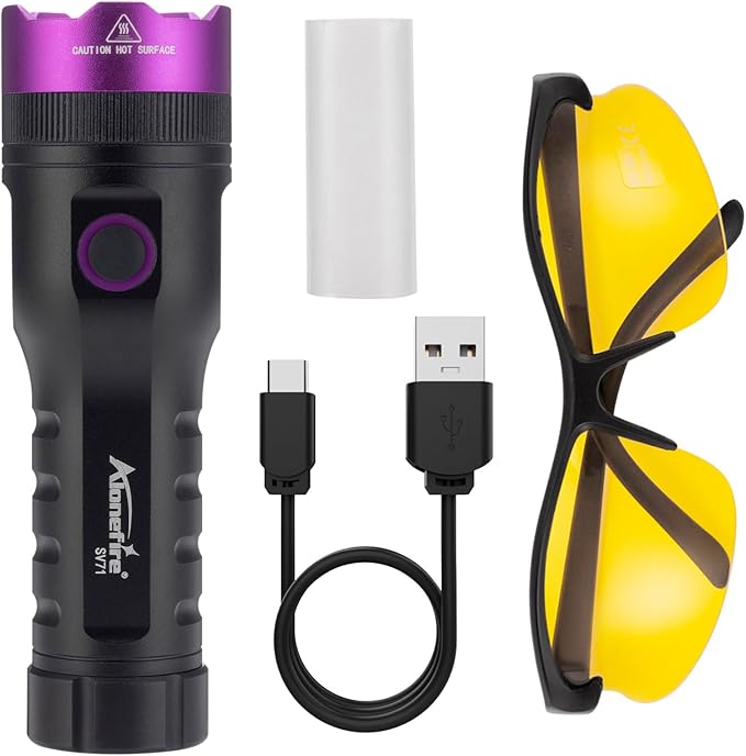ALONEFIRE SV71 365nm UV Flashlight Strong 15W USB C Rechargeable Black Light Money Detector for Resin Curing, Pet Urine, Scorpion, Fishing, Mineral, Rocks, Glue with UV Protective Glasses, Battery