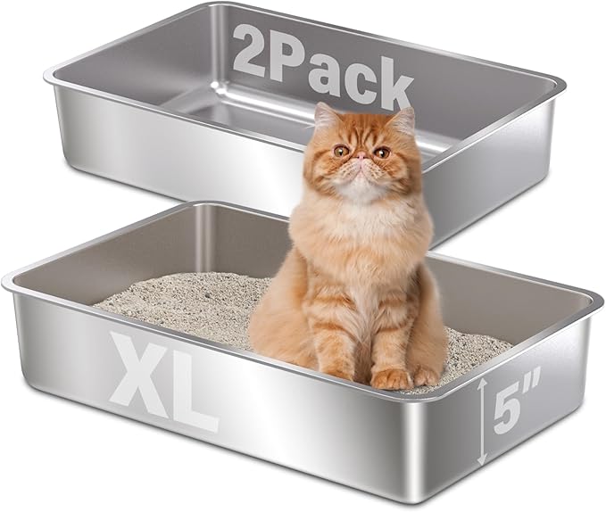 Stainless Steel Litter Box 2 Pack,XL Metal Litter Box for Cat,Easy Clean Non Stick No Smell Metal Litterbox for Kitty/Multi-Cats