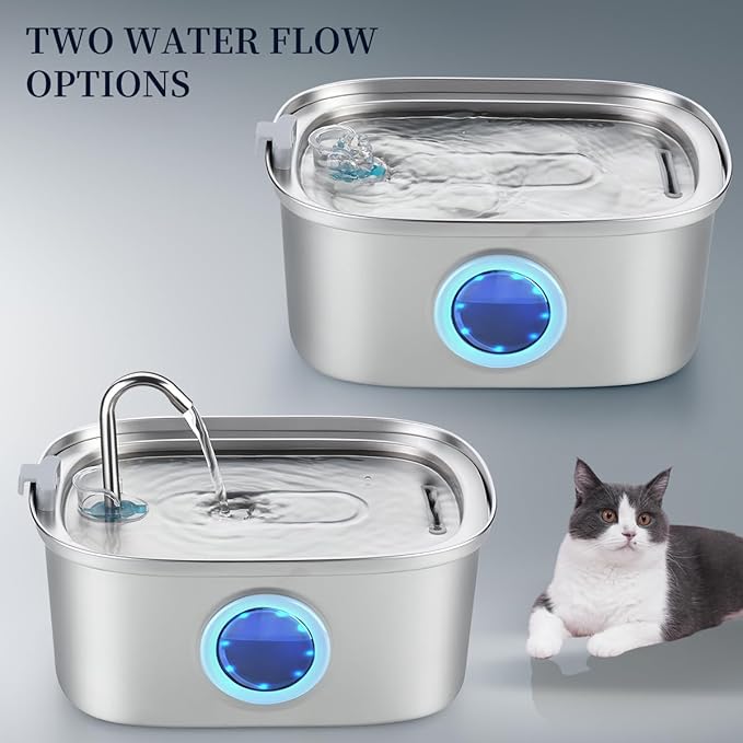 Cat Water Fountain Stainless Steel, 0.8gal/108oz Pet Water Fountain with Water Level Indicator and 3 Filters, Cat Fountain with Quiet Pump Ideal for Cats, Dogs and Multi-pet households