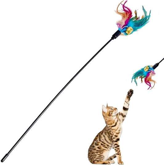 Cat Feather Toys, Cat Toy with Elastic Turkey Feathers, Interactive Teaser Wand with Bell, Durable Flexible Rod for Playful Kittens and Cats, Indoor Entertainment for Pets (1.64")