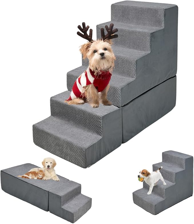 Dog Stairs for High Beds 28-30 inches Tall, 6-Step Dog Stairs for Small Large Dogs/Cats, Foam Dogs Steps/Ramp for High Bedsides/Couch, Non-Slip Balanced Pet Step/Pamp/Ladder for Bed, Grey