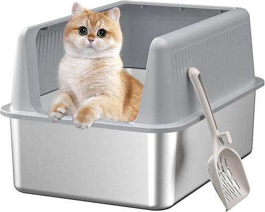 Stainless Steel Cat Litter Box with Lid,XL,19.7” L x 13.8” W x 11.8”H Deep,Large Metal Litter Box with High Side,for Small and Large Cats,Anti-Leakage Non-Sticky Easy Cleaning Include Litter Scoop