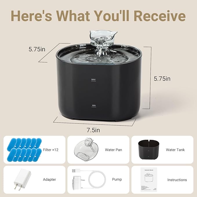 Meill Cat Water Fountain, 75Oz/2.2L Dog Water Bowl Dispenser with Filter Indoor for Small Pets, Automatic Shut-Off for Low Water Level, Water Level Visible, Ultra-Silent, 12 Filters, Black