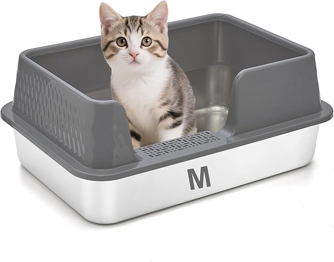 Enclosed Stainless Steel Cat Litter Box with Lid Medium Litter Box for Kitten Metal Litter Pan Tray with High Sides Scoop & Litter Mat Inside, Non-Sticky, Anti Leakage, Easy Cleaning (Gray, M)