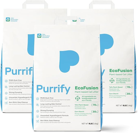 EcoFusion Cat Litter 3 Pack (8lb Each) Tofu & Corn Blend, Zero Powdering, Zero Mess, 99.8% Dust-Free, 98% Odor Control, Fast Clumping, Non-Stick, Includes Bonus Cat Scratcher