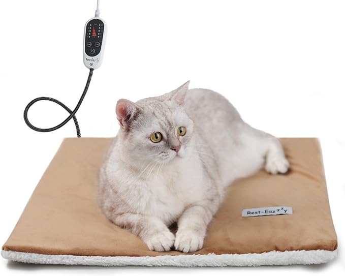 Rest-Eazzzy Heated Cat Pad, Cat Bed with Removable Cover, 5 Level Timer & Temperature, Indoor Warming Mat for Cats & Dogs (Heat Pad, Pure-Brown)