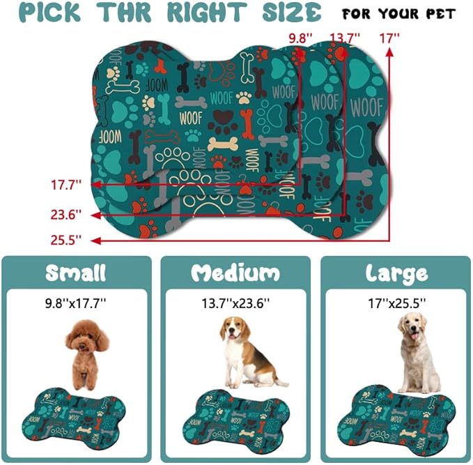 Dog Food Mats for Floors Waterproof, Pet Feeding Absorbent Water Bowl Mat Cat Placemats Green Bone Shape 25.5 * 17 inch