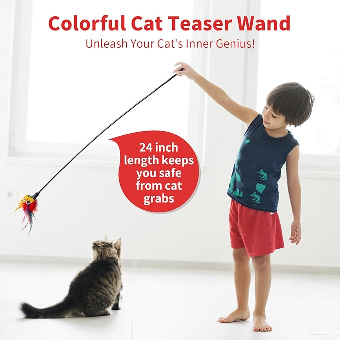 Cat Feather Toys, Cat Toy with Elastic Turkey Feathers, Interactive Teaser Wand with Bell, Durable Flexible Rod for Playful Kittens and Cats, Indoor Entertainment for Pets (2")