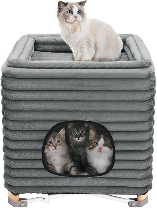 Pozico 2-Tier Collapsible Cat Beds & Furniture, 2 Layer Pine Construction Cat Hammocks, Cat Houses for Indoor Cats, Cat Bed Cave for Multiple or Large Cats up to 30 lbs, All-Season Comfort-Grey-S